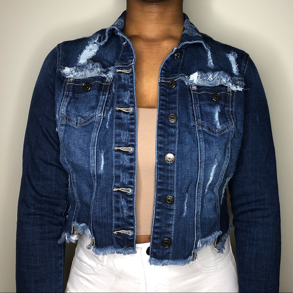 Distressed cropped jean jacket